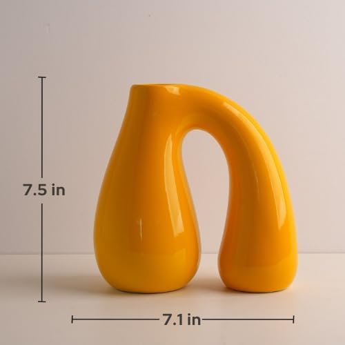 Yellow Ceramic Vase – Glossy Modern Sculptural Décor, Arch Handle Artistic - Image 3