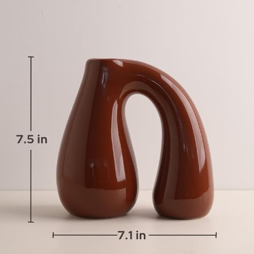 Brown Ceramic Vase – Glossy Modern Sculptural Décor, Arch Handle Artistic Design - Image 4