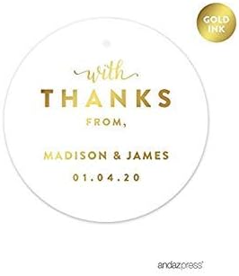 Andaz Press Personalized Round Circle Wedding Gift Tags, Metallic Gold Ink - Image 4