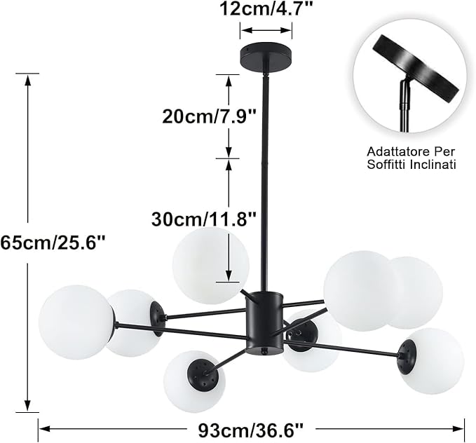 KCO Lighting Black Sputnik Chandelier Ceiling Mount 8-Light Glass Globe Sputnik - Image 2