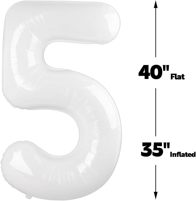 Large White 40 Inch Birthday Number 5 Balloon, Foil Mylar Helium Numbers 5 - Image 2