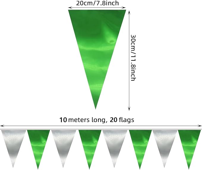 20M/65FT Green Silver Triangle Pennant Banner Flag Metallic Fabric Bunting - Image 2