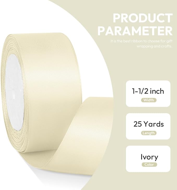 1-1/2" x 25 Yards Satin Ribbon, Ivory Silk Ribbon Ideal - Image 2