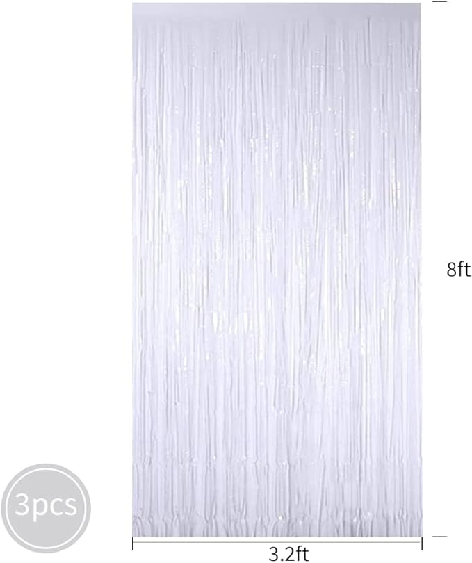 3Pcs White Metallic Tinsel Foil Fringe Curtains, 3.2ft*8ft Gold Photo Booth - Image 2