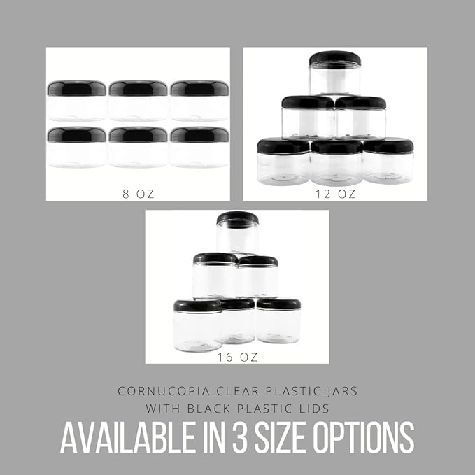 Cornucopia Brands 8oz Clear Plastic Jars w/Black Plastic Lids; BPA Free PET - Image 9