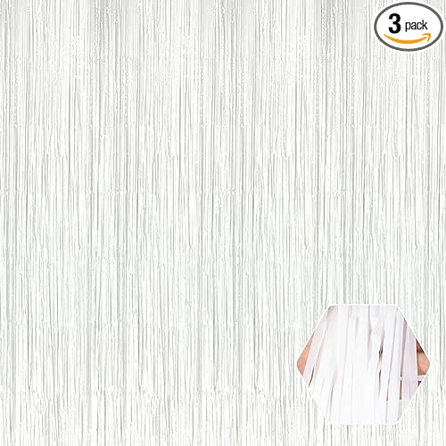 3 Pack Macaron White Foil Fringe Curtain Backdrop, 3.28Ft x 8.2Ft Metallic by Ferwzsr