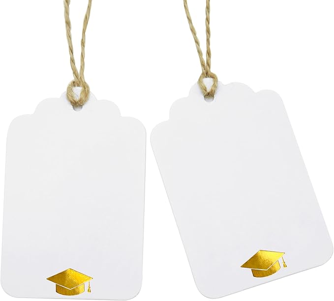 100Pcs Blank Gift Tags with String Foil Gold Grad Cap Large White Paper Gift by ASYEHJNR