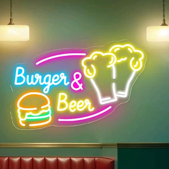 Burger & Beer Neon Sign, Custom Hamburger Snack Bar LED Neon Night Home Wall by BELISAMA