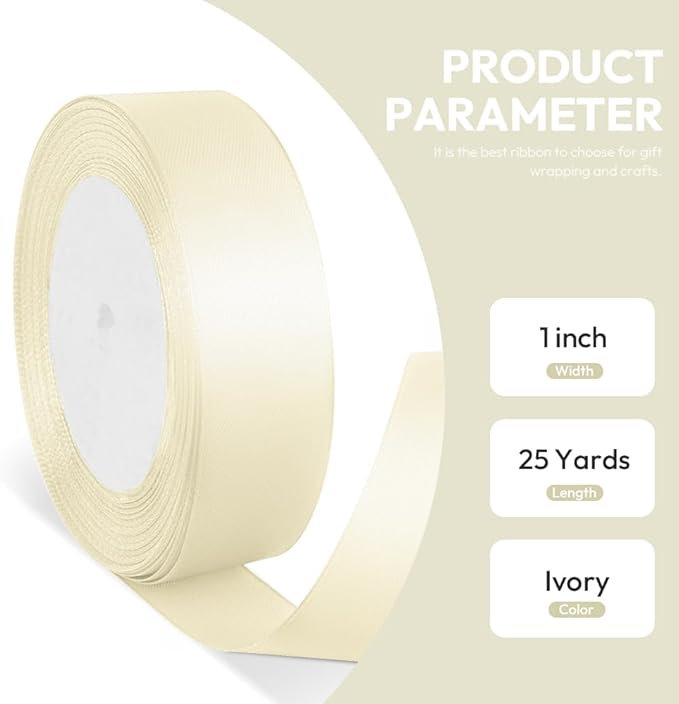 1" x 25 Yards Satin Ribbon, Ivory Silk Ribbon Ideal - Image 2