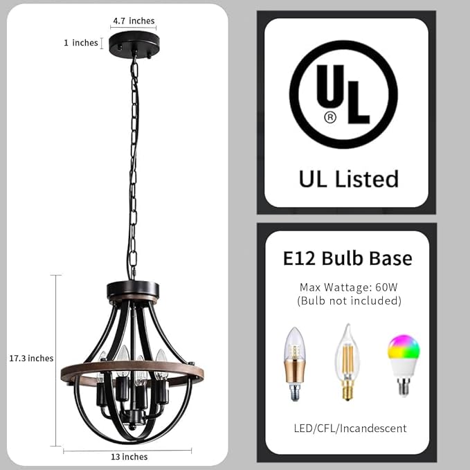 Farmhouse Chandelier, Modern Hanging Pendant Lighting, 4-Light Rustic Ceiling - Image 5