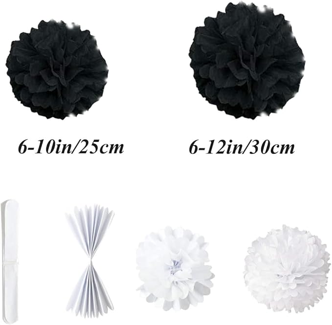 12pcs 10in & 12in Black Paper Pom Poms - Image 2