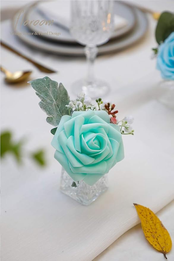 Floroom Artificial Flowers 25pcs Real Looking Robin's Egg Blue Foam Fake Roses - Image 5