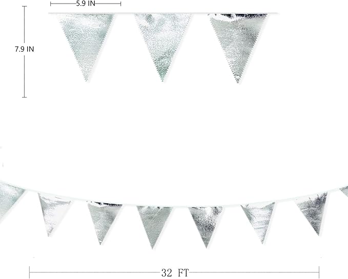 Silver Party Decorations Metallic Fabric Triangle Pennant Banner Silver Flag - Image 2