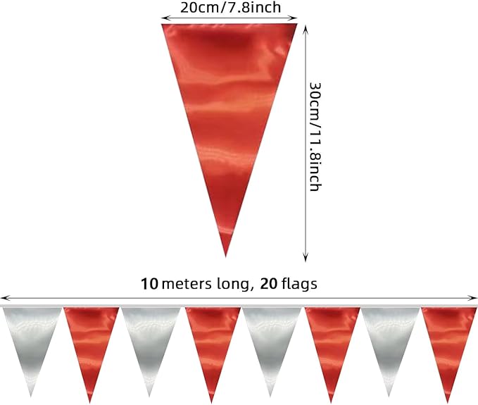 65FT Red Silver Triangle Pennant Banner Flag Metallic Fabric Bunting Garland - Image 2
