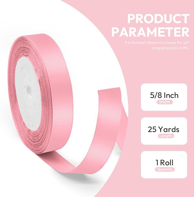 5/8" x 25 Yards Satin Ribbon, Light Pink Silk Ribbon Ideal - Image 2