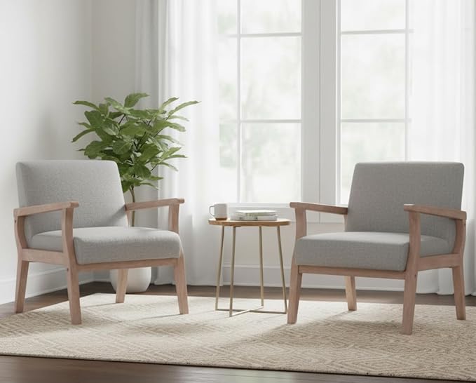 Mid Century Modern Accent Chair Set of 2, Linen Upholstered Living Room Accent by BESTANO