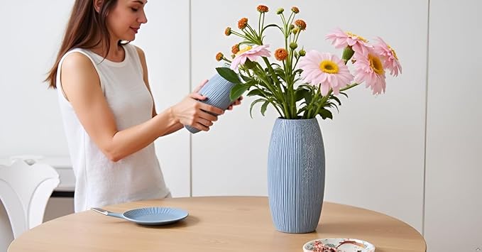 Premium Blue Ceramic Vase – Ribbed Tall Flower Vase - Image 5