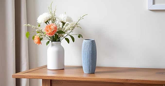 Premium Blue Ceramic Vase – Ribbed Tall Flower Vase - Image 2