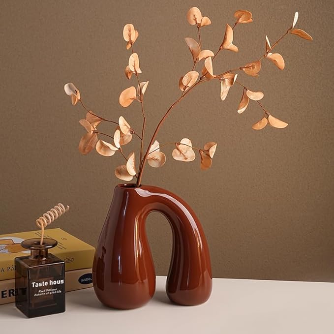 Brown Ceramic Vase – Glossy Modern Sculptural Décor, Arch Handle Artistic Design by PROBENEX-Elevateyourhomedecor