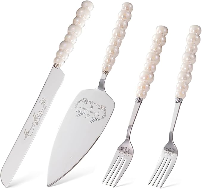 Wedding Cake Knife and Server Set, Ceramic Pearl Handle Cake Cutting Set by iooiluxry