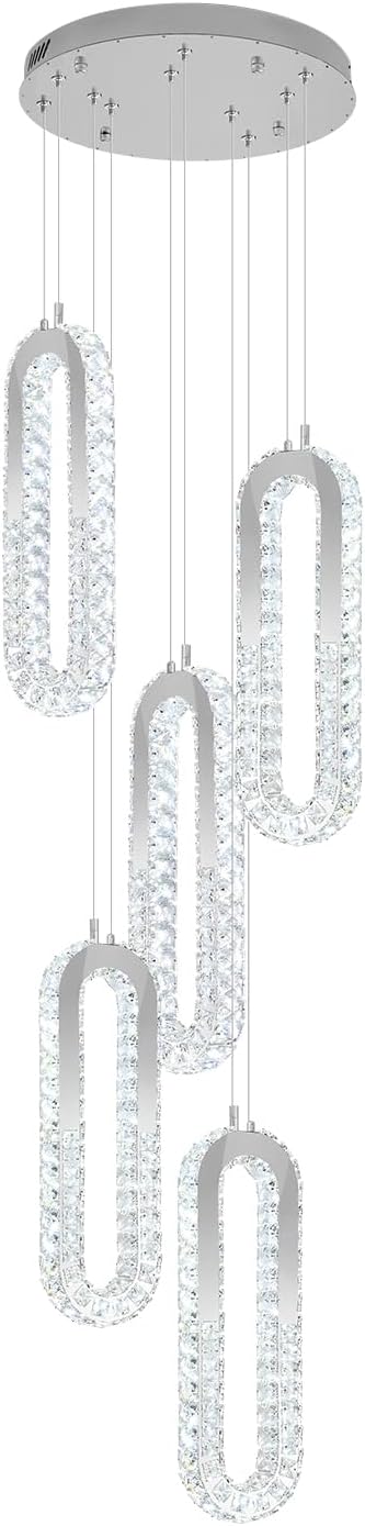 5 Rings Crystal Chandeliers for Staircase Large Pendants Light Fixture Silver - Image 7