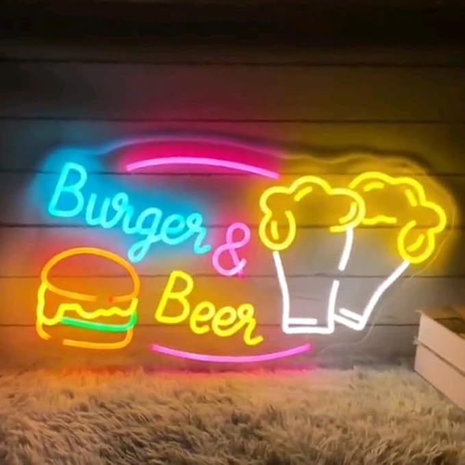 Burger & Beer Neon Sign, Custom Hamburger Snack Bar LED Neon Night Home Wall - Image 3