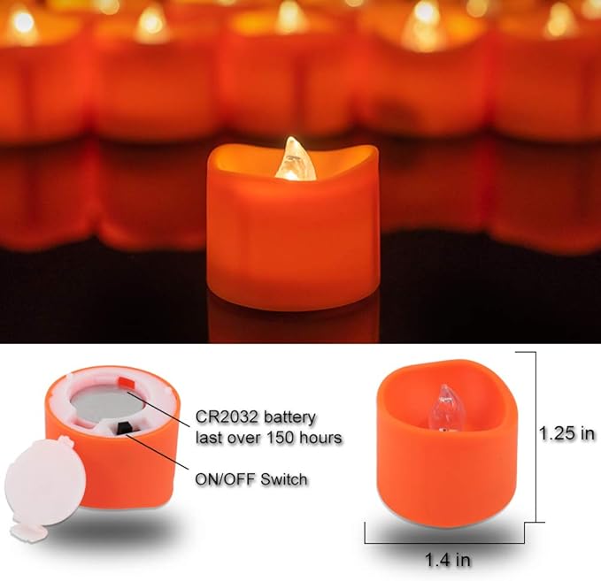 BEICHI 24 Pack Halloween Tea Lights, Realistic Orange Tea Candles, Battery - Image 6