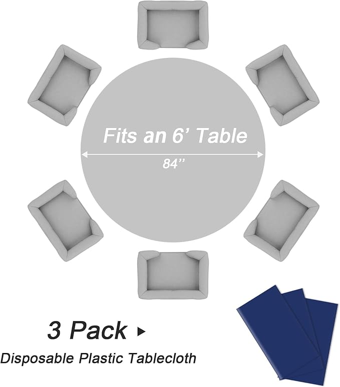 QIKSION Navy Blue Round Tablecloth 3 Pack, 84 Inch Plastic Table Cover - Image 5