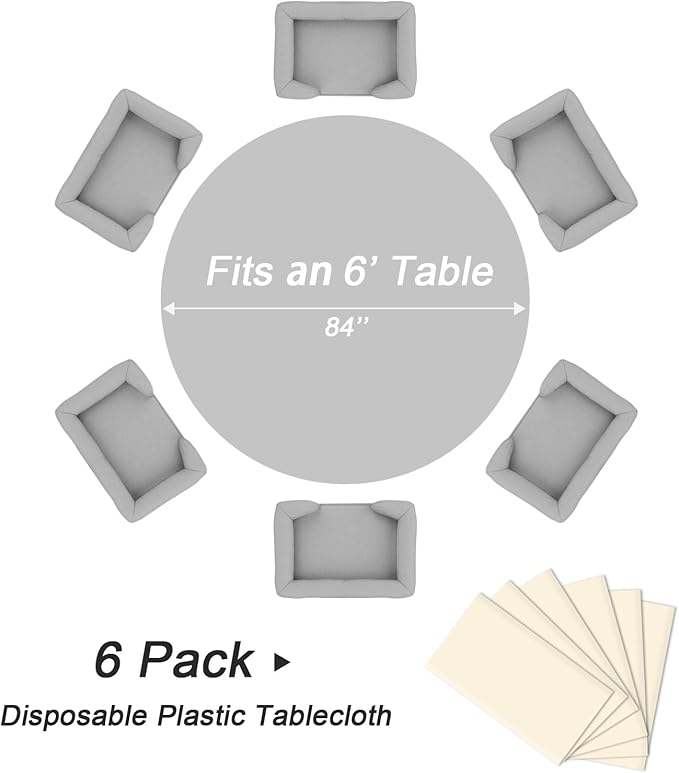 QIKSION Ivory Round Tablecloth 6 Pack, 84 Inch Plastic Table Cover Disposable - Image 5
