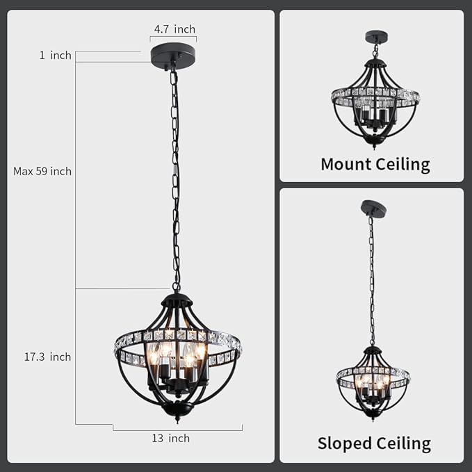 Crystal Chandelier Light Fixtures, 4-Lights Farmhouse Rustic Vintage Black - Image 3
