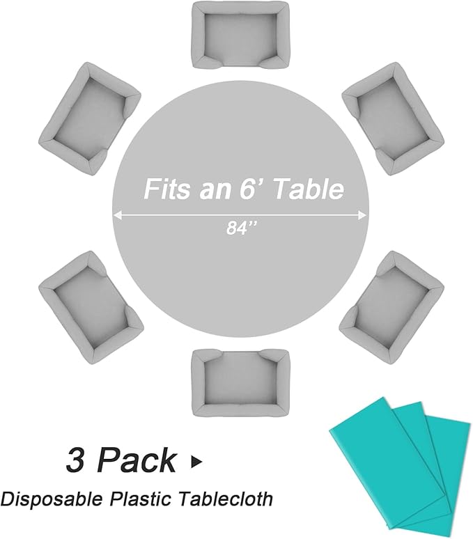 QIKSION Aqua Blue Round Tablecloth 3 Pack, 84 Inch Plastic Table Cover - Image 5
