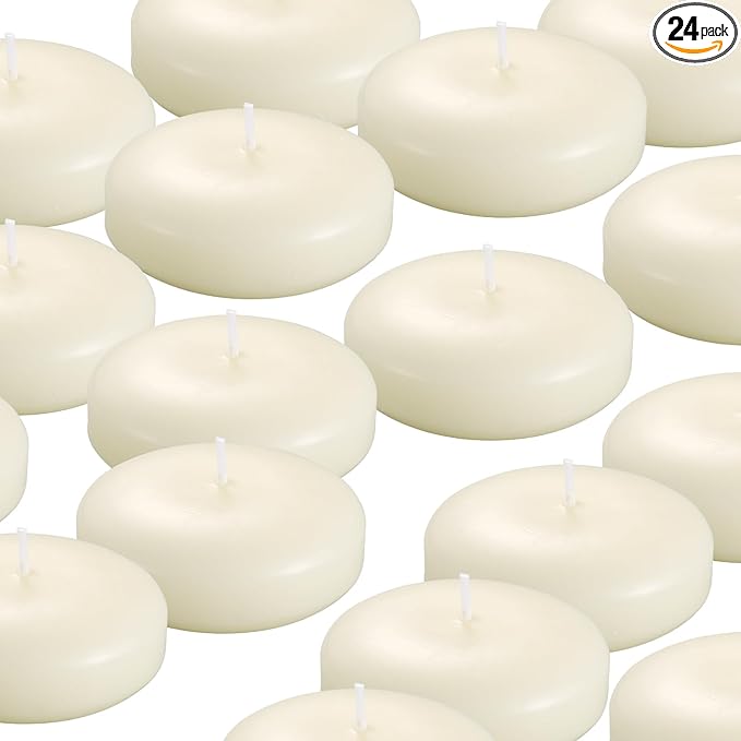 24 Pack Floating Candles, 3” Ivory Unscented Dripless Wax Burning Candles by KNOURT