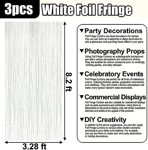 3 Pack Macaron White Foil Fringe Curtain Backdrop, 3.28Ft x 8.2Ft Metallic - Image 2