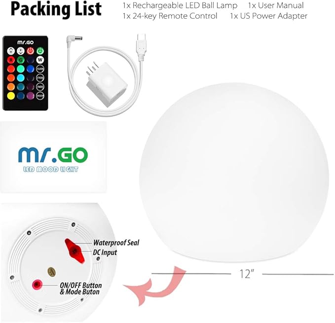 Mr.Go 12-inch Rechargeable LED Ball Light, RGB Color-Changing Globe Orb Lamp - Image 6
