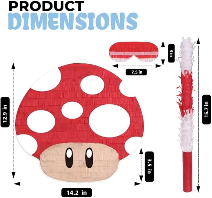 Mushroom Pinatas Bundle with a Blindfold and a Bat, Mexican Theme Parties - Image 2