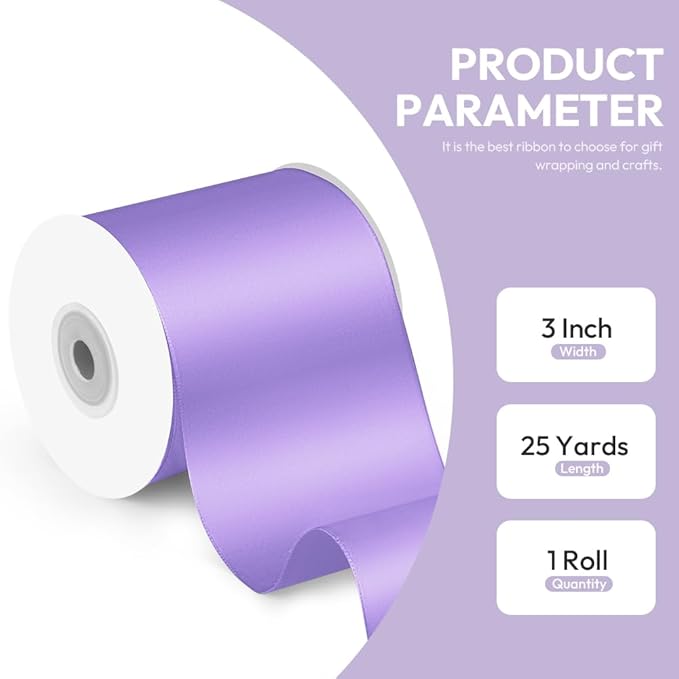 3" x 25 Yards Satin Ribbon, Light Purple Silk Ribbon Ideal - Image 2