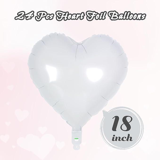 24 White Heart Balloons, 18 inch Heart Shape Foil Balloons - Image 2