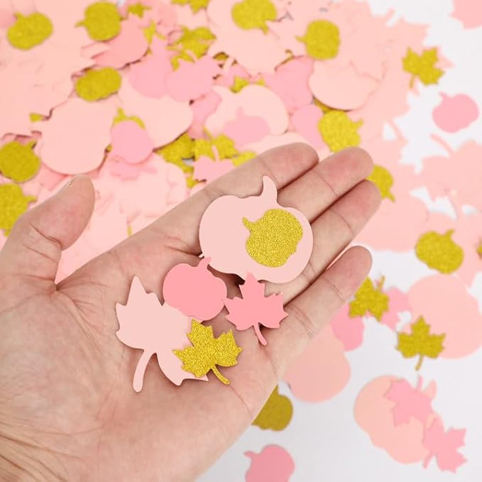 MARFOREVER 350 Pcs Fall Thanksgiving Pink and Gold Pumpkin Maple Leaf Confetti - Image 4