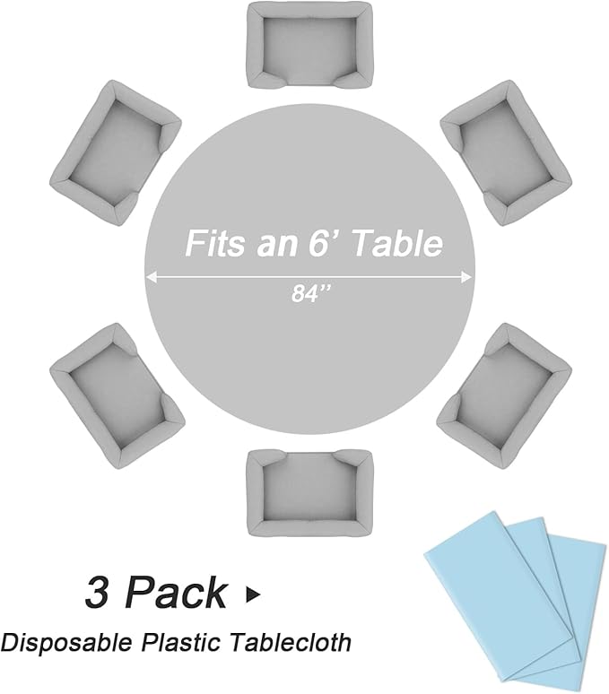 QIKSION Light Blue Round Tablecloth 3 Pack, 84 Inch Plastic Table Cover - Image 5
