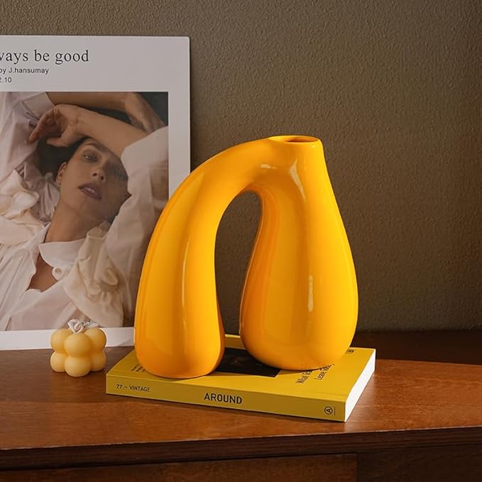 Yellow Ceramic Vase – Glossy Modern Sculptural Décor, Arch Handle Artistic - Image 9