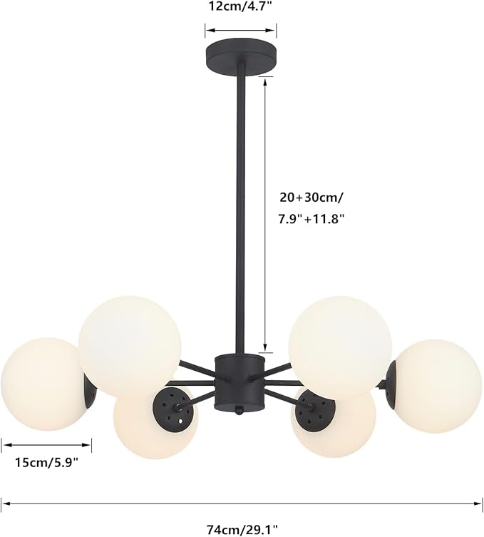 KCO Lighting Matte Black Sputnik Chandelier Light Fixture Mid Century 6-Light - Image 2