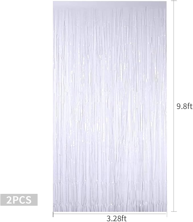 TONIFUL 2Pcs White Metallic Tinsel Foil Fringe Curtains, Graduation, Christmas - Image 2