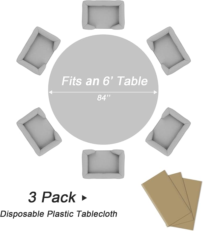QIKSION Gold Round Tablecloth 3 Pack, 84 Inch Plastic Table Cover Disposable - Image 5