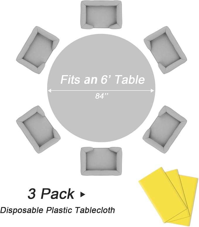 QIKSION Yellow Round Tablecloth 3 Pack, 84 Inch Plastic Table Cover Disposable - Image 5
