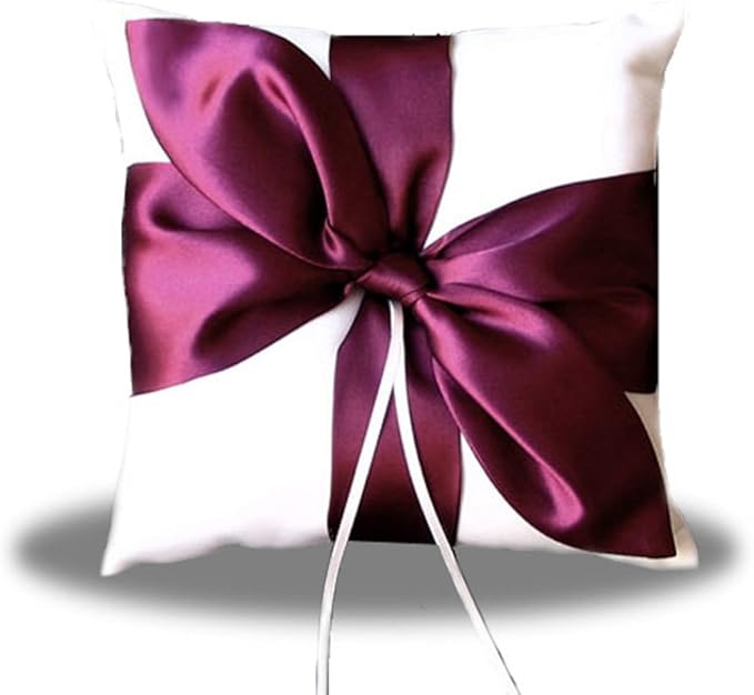 SACASUSA Burgundy Wine Satin Bow Ivory Wedding Ring Pillow Bearer by SACASUSA