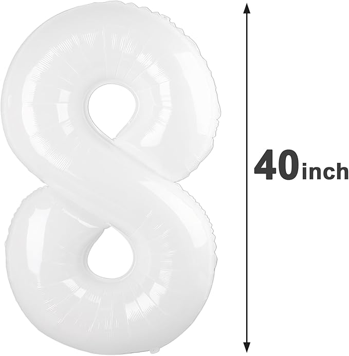 White Foil Number 8 Balloon 40 Inch, Helium Mylar Eight Number 8 18 28 38 48 58 - Image 2