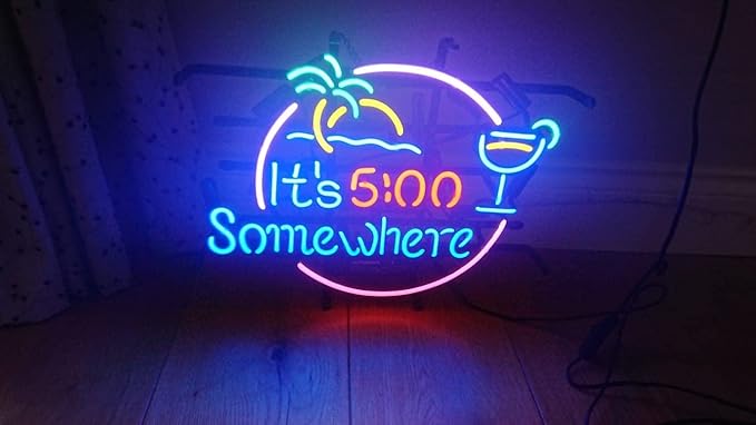 LiQi ™ It's 5:00 Somewhere Real Glass Neon Light Sign Home Bar Pub Recreation - Image 2