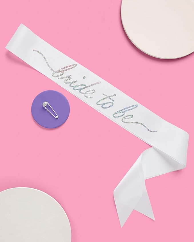 xo, Fetti White Satin Bride to Be Sash, Iridescent Foil | Bachelorette Wearable - Image 2