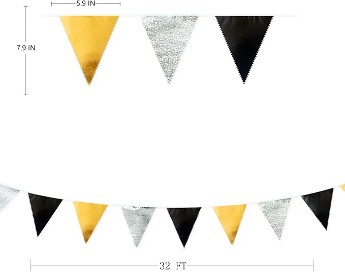 Black Gold Silver Party Decoration Triangle Pennant Banner Flag Metallic Fabric - Image 2