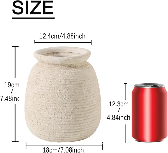 Ceramic Flower Vase, 7.48 Inch White Rustic Farmhouse Decorative Vase Pottery - Image 2
